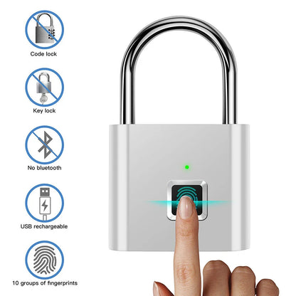 Black Silver USB Rechargeable Fingerprint Padlock - High-Identification Zinc Alloy Smart Lock for Enhanced Security