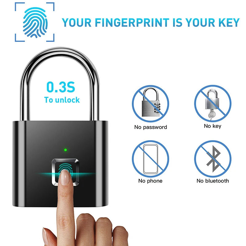 Black Silver USB Rechargeable Fingerprint Padlock - High-Identification Zinc Alloy Smart Lock for Enhanced Security