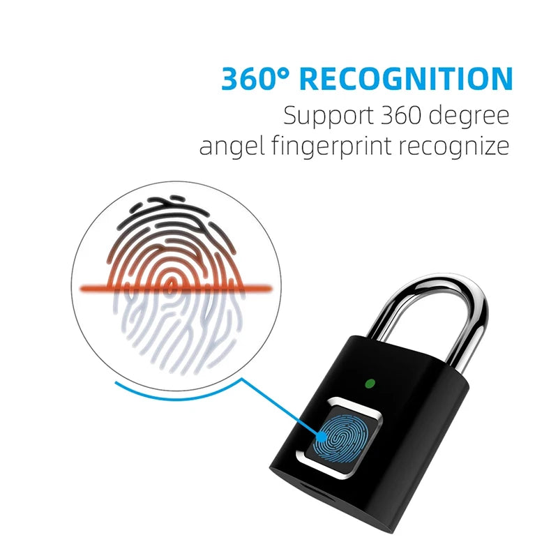 Black Silver USB Rechargeable Fingerprint Padlock - High-Identification Zinc Alloy Smart Lock for Enhanced Security