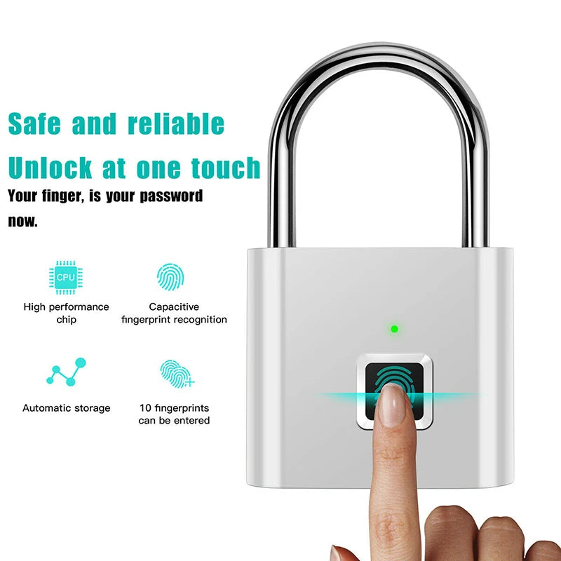 Black Silver USB Rechargeable Fingerprint Padlock - High-Identification Zinc Alloy Smart Lock for Enhanced Security