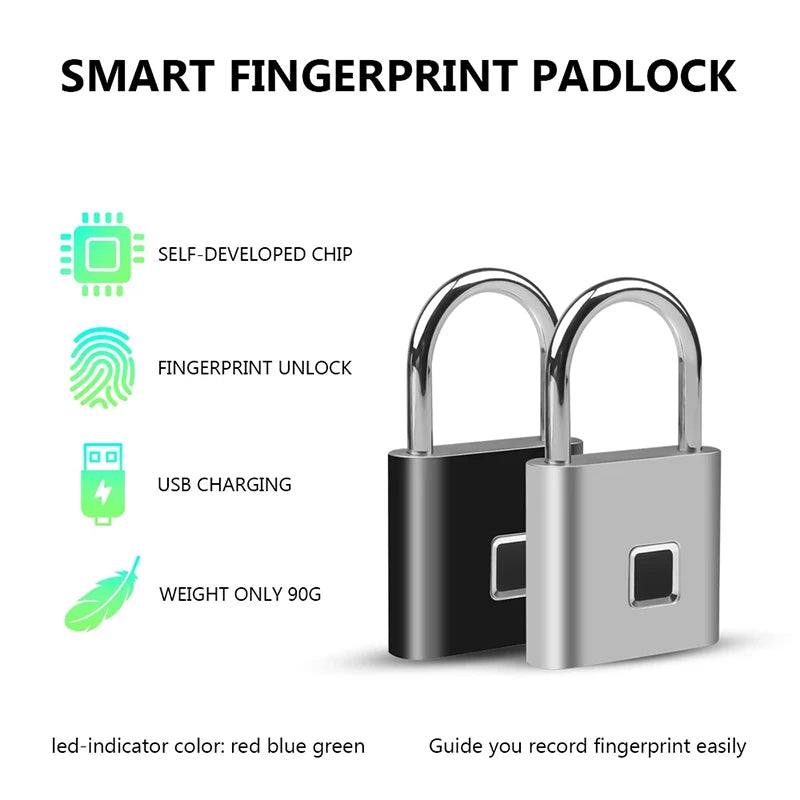 Black Silver USB Rechargeable Fingerprint Padlock - High-Identification Zinc Alloy Smart Lock for Enhanced Security