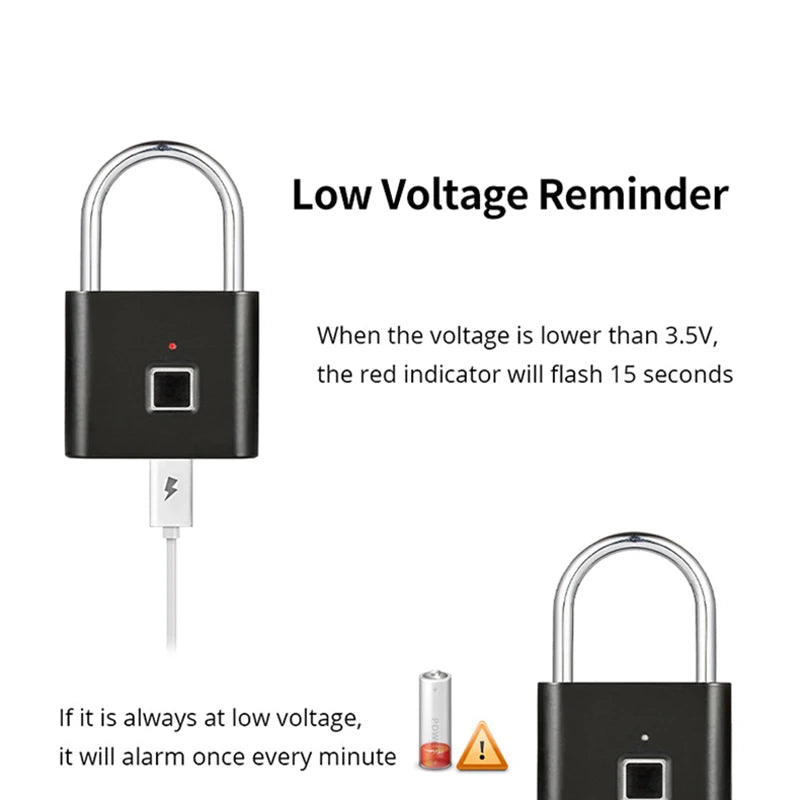 Black Silver USB Rechargeable Fingerprint Padlock - High-Identification Zinc Alloy Smart Lock for Enhanced Security
